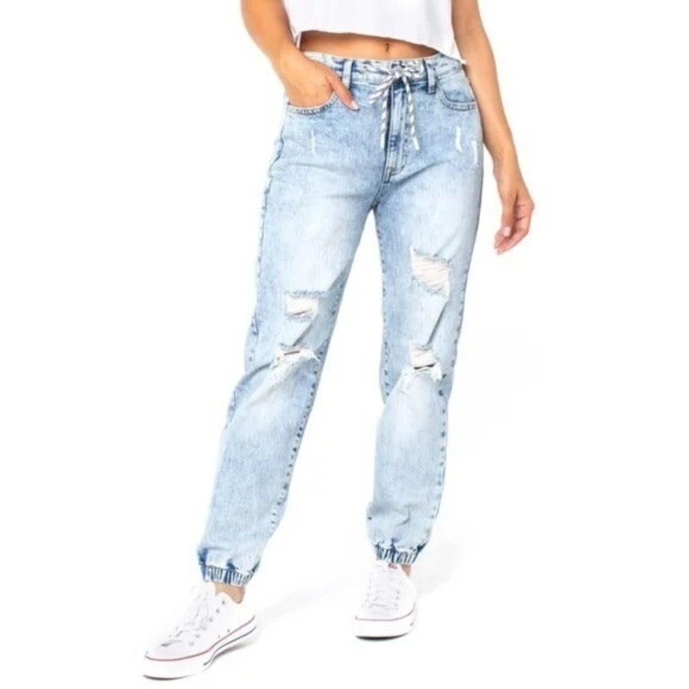 Celebrity Pink Womens Denim Joggers Sz S Light Blue Acid‎ Wash Distressed Ripped
